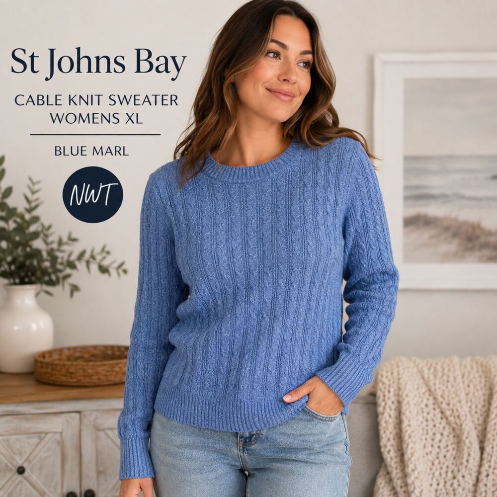 St Johns Bay Cable Knit Sweater Womens XL Blue Marl Cotton Pullover NWT